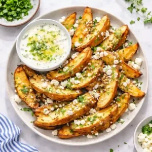 Crispy Greek fries topped with feta, parsley, and garlic herb oil, served with tzatziki sauce.