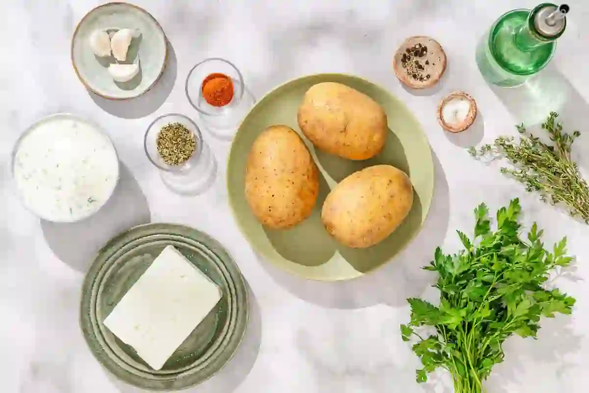 Overhead view of ingredients for Greek fries including russet potatoes, feta cheese, garlic, herbs, olive oil, and parsley on a light surface.