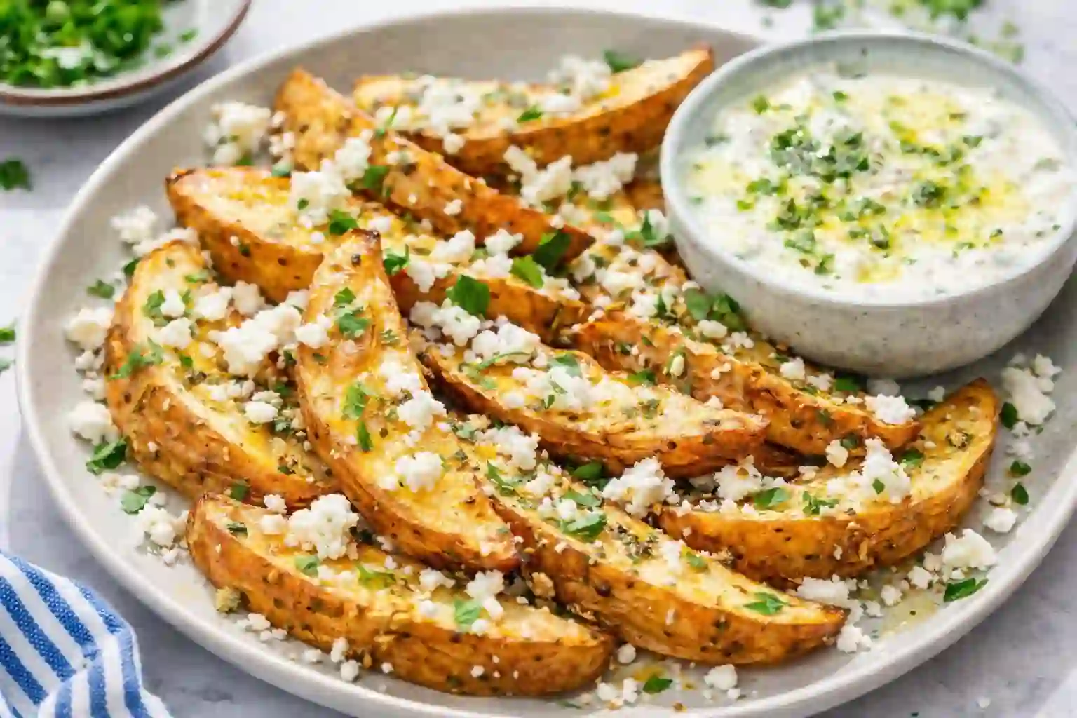 Close-up of crispy Greek fries topped with feta cheese, herbs, and garlic olive oil, served with tzatziki sauce.