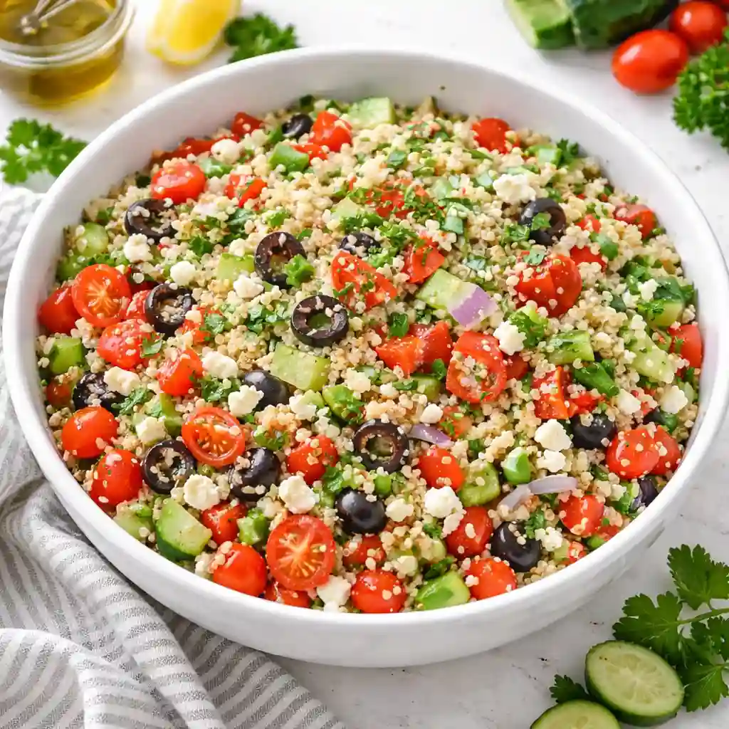 Bright Greek Quinoa Salad in a white bowl with cherry tomatoes, cucumber, bell peppers, olives, feta, and parsley on a light background.