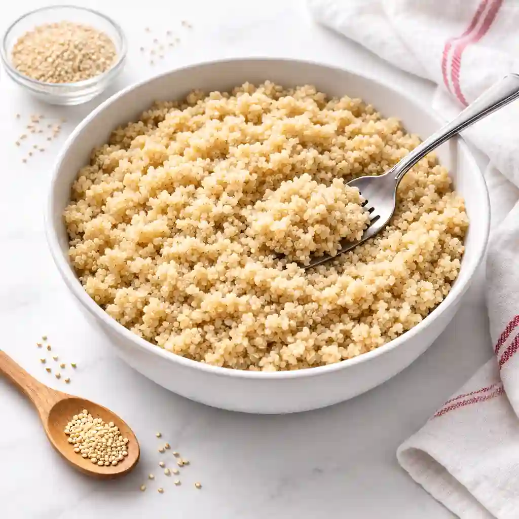 Cooked quinoa cooling in a white bowl on a white table background