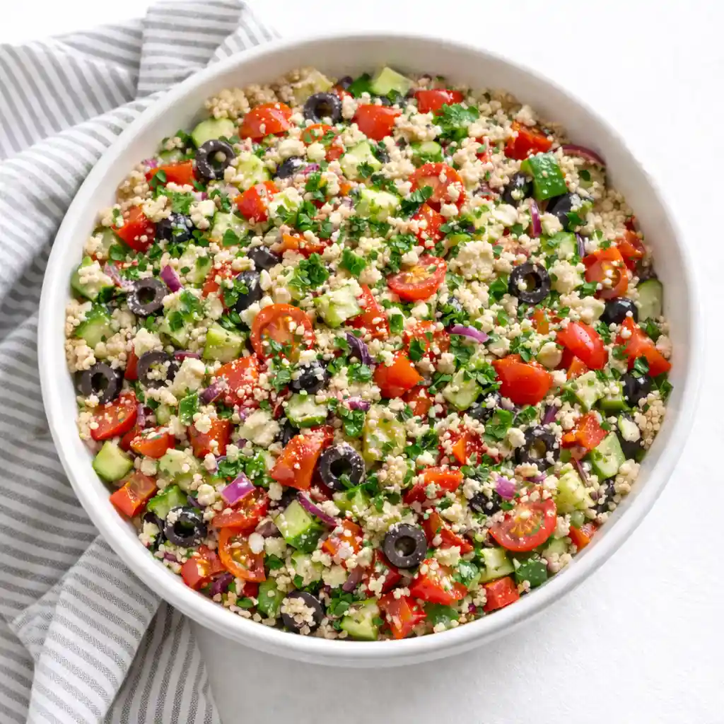 Finished Greek quinoa salad garnished with fresh parsley in a white bowl on a white table