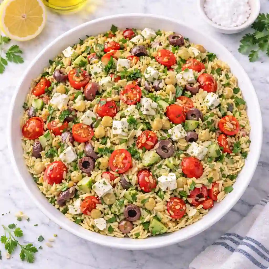 Overhead view of Greek Veggie Pasta Salad With Feta in a white bowl with orzo, cherry tomatoes, cucumber, chickpeas, olives, and fresh herbs