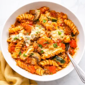 Healthy Vegetarian Pasta Recipe: The Easy One-Pot Meal Your Family Will Love 1 Healthy vegetarian rotini pasta with zucchini, mushrooms, bell peppers, and melted mozzarella in a white bowl on a white table background.