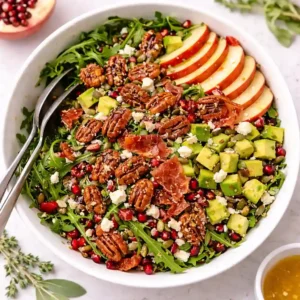 Honeycrisp Apple and Feta Salad with maple candied pecans, crispy prosciutto, and fresh apple vinaigrette.