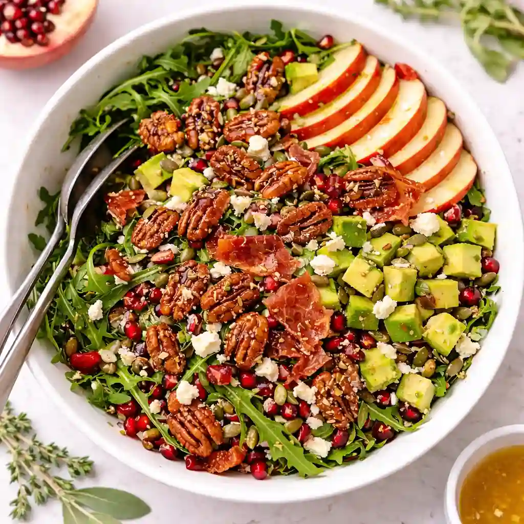 Honeycrisp Apple and Feta Salad with maple candied pecans, crispy prosciutto, and fresh apple vinaigrette.