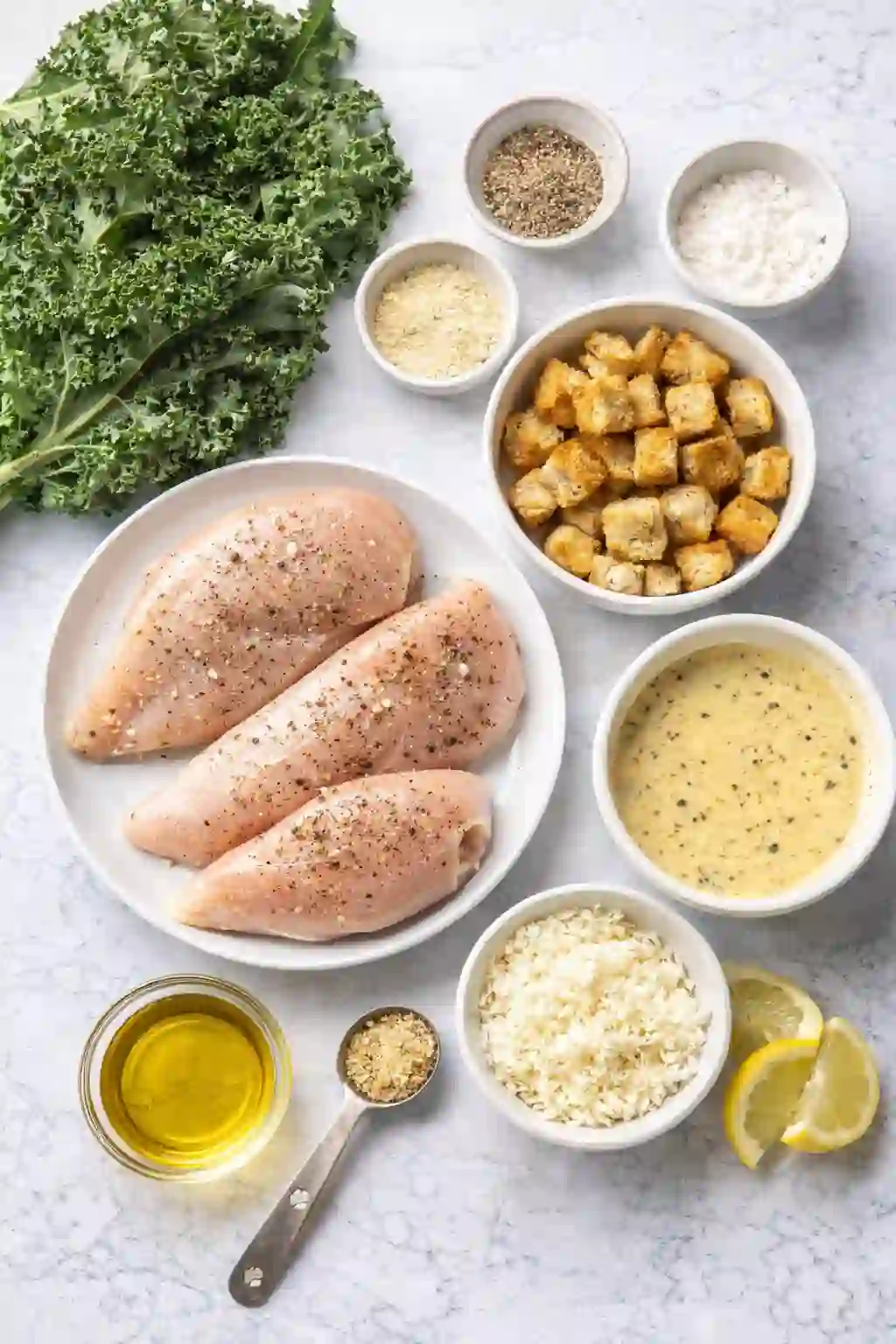 Overhead view of ingredients for kale caesar salad with chicken including fresh kale, raw chicken breast, croutons, vegan parmesan, olive oil, lemon, salt, and caesar vinaigrette on marble background