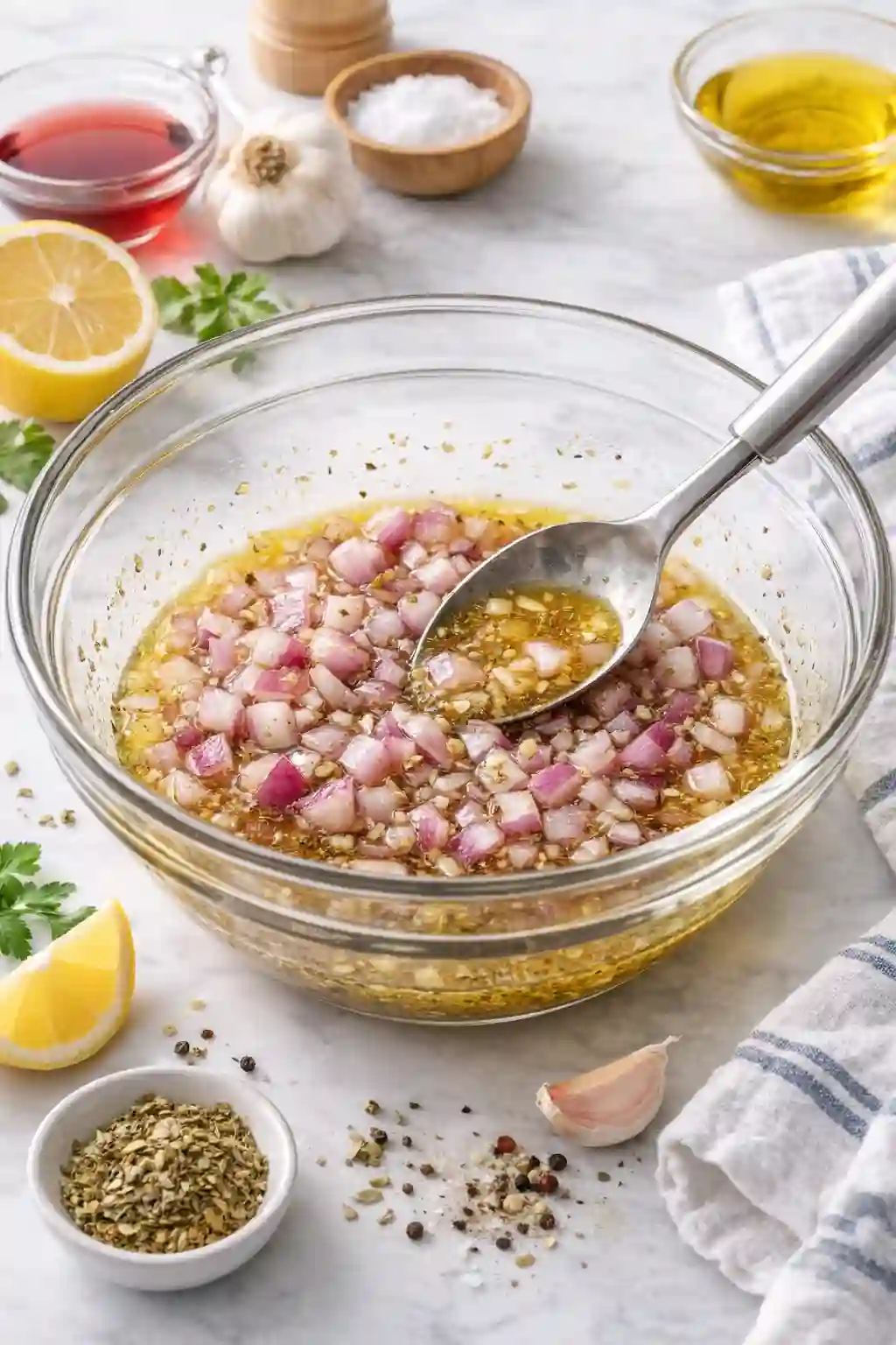 Diced red onions marinating in vinaigrette in a glass bowl