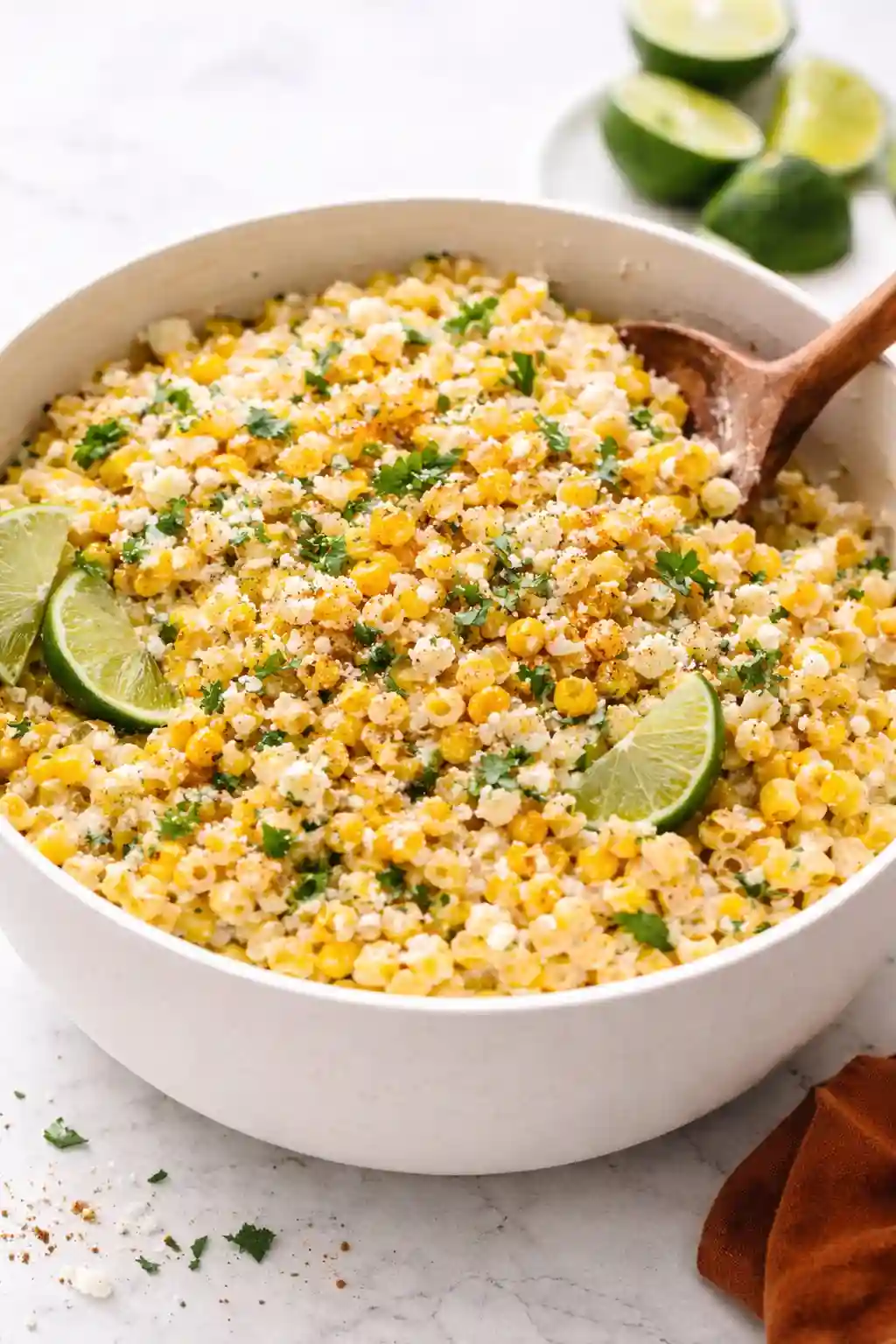 mexican-street-corn-pasta-salad-final-mixing-garnish.webp_compressed Mexican street corn pasta salad in a white bowl with cilantro, cotija cheese, lime wedges on a white table background