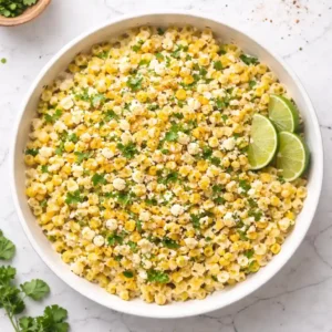 Mexican Street Corn Pasta Salad That Will Steal the Show at Every Summer Cookout 1 Mexican street corn pasta salad in a white bowl with cotija cheese, cilantro, and lime on a white table background