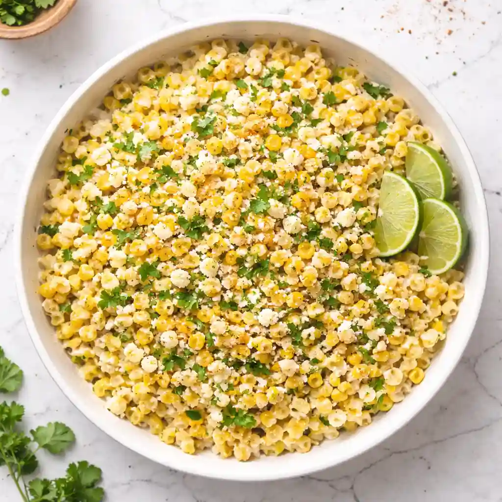 Mexican street corn pasta salad in a white bowl with cotija cheese, cilantro, and lime on a white table background