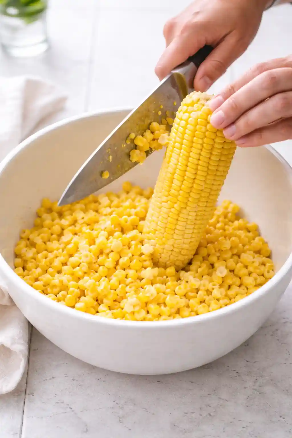 mexican-street-corn-pasta-salad-step-3-cutting-corn. (2)_compressed (1) Fresh corn kernels being cut off the cob into a white bowl on a bright kitchen surface