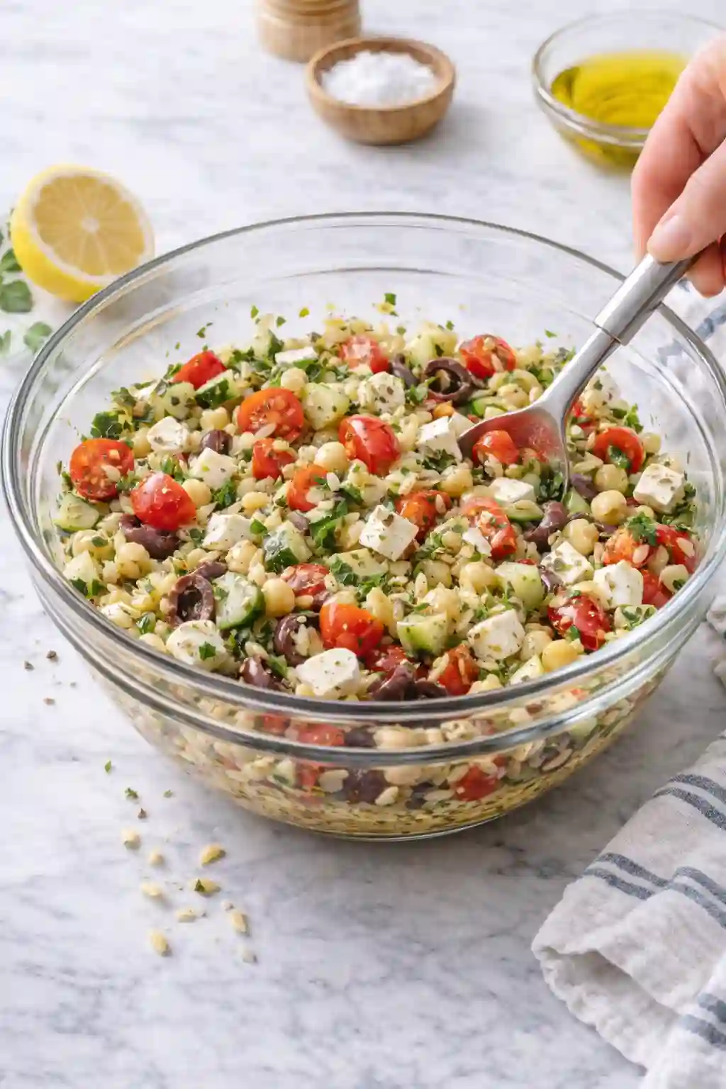 Mixing orzo, cucumbers, tomatoes, parsley, and feta in a large bowl