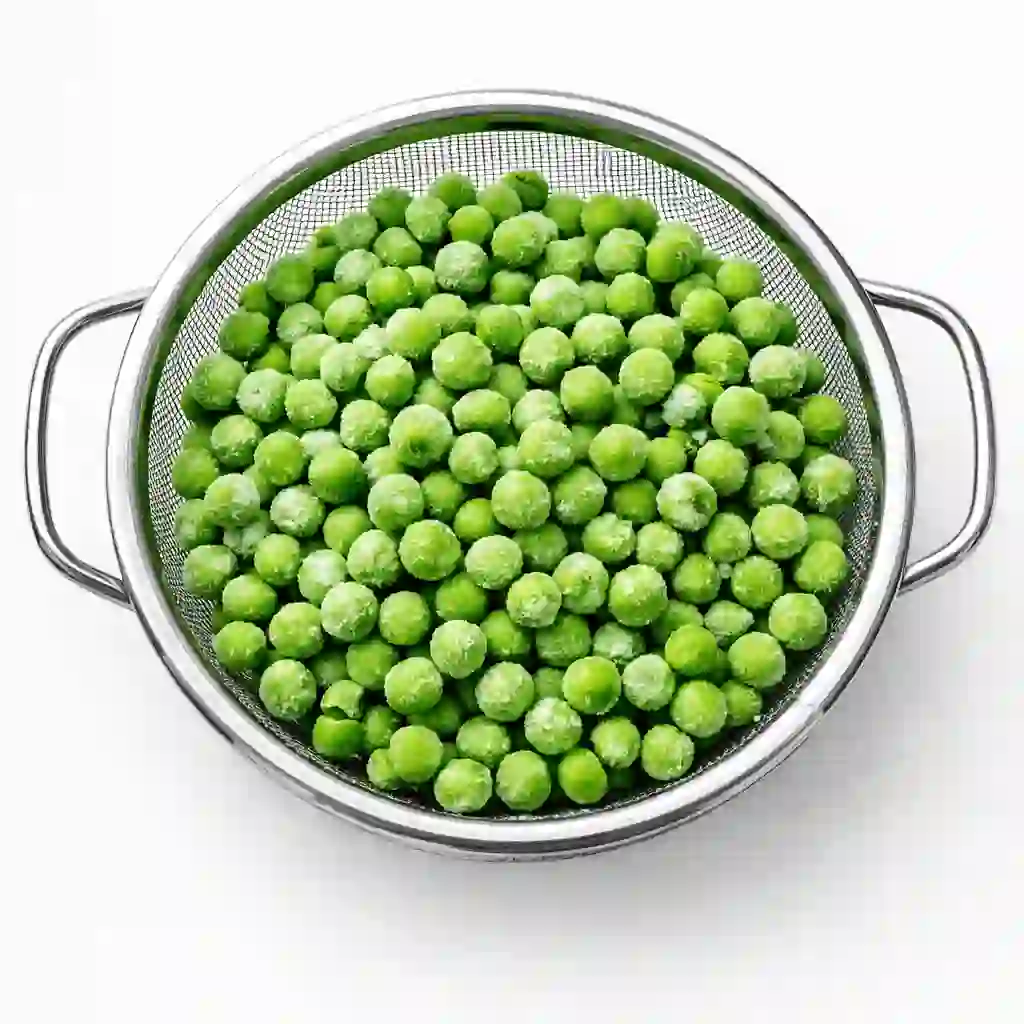Frozen green peas thawing slightly in a colander on a white table background