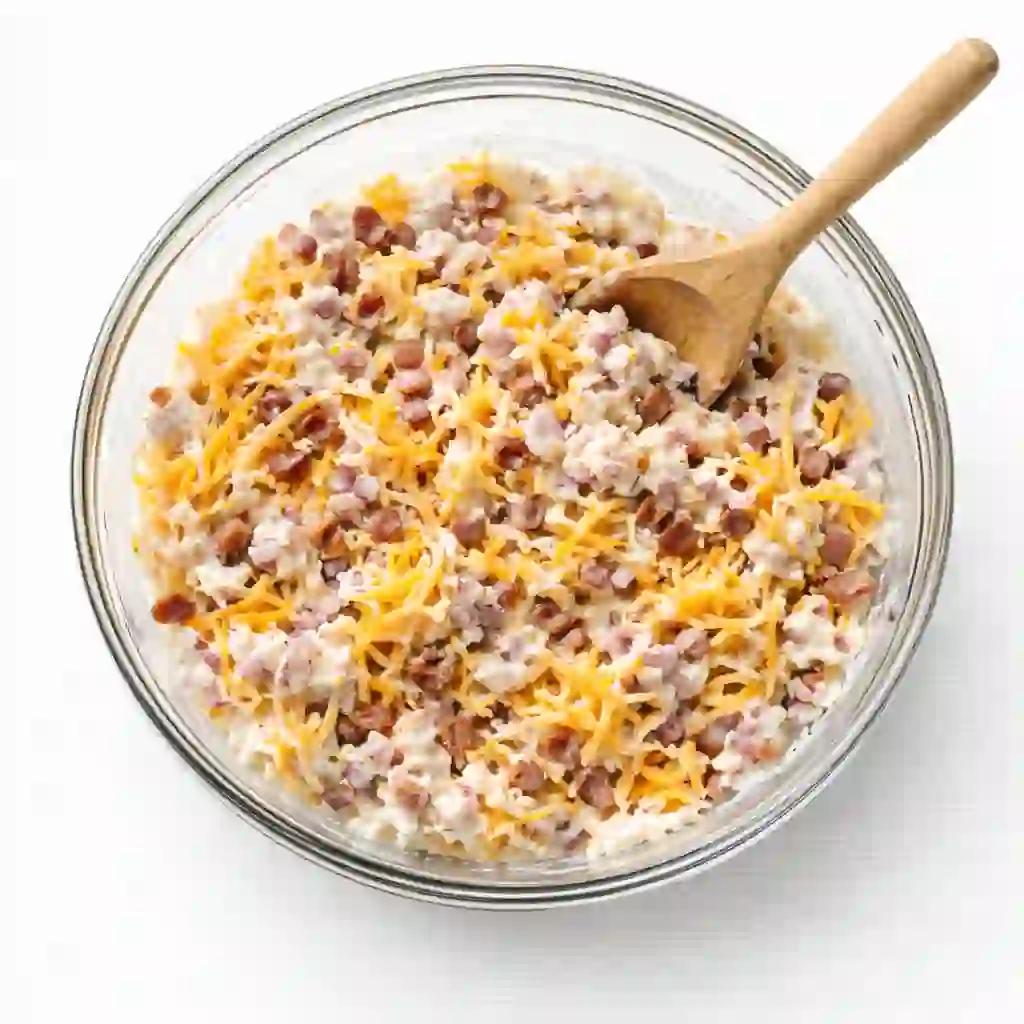 Mayonnaise dressing mixed with cheddar cheese, red onion, and bacon bits in a glass bowl on a white table