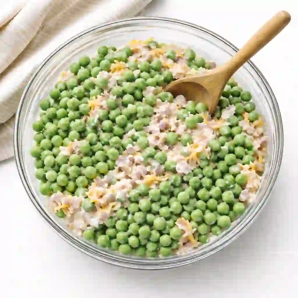 Bright green peas being gently folded into creamy mayonnaise dressing in a glass bowl on a white table