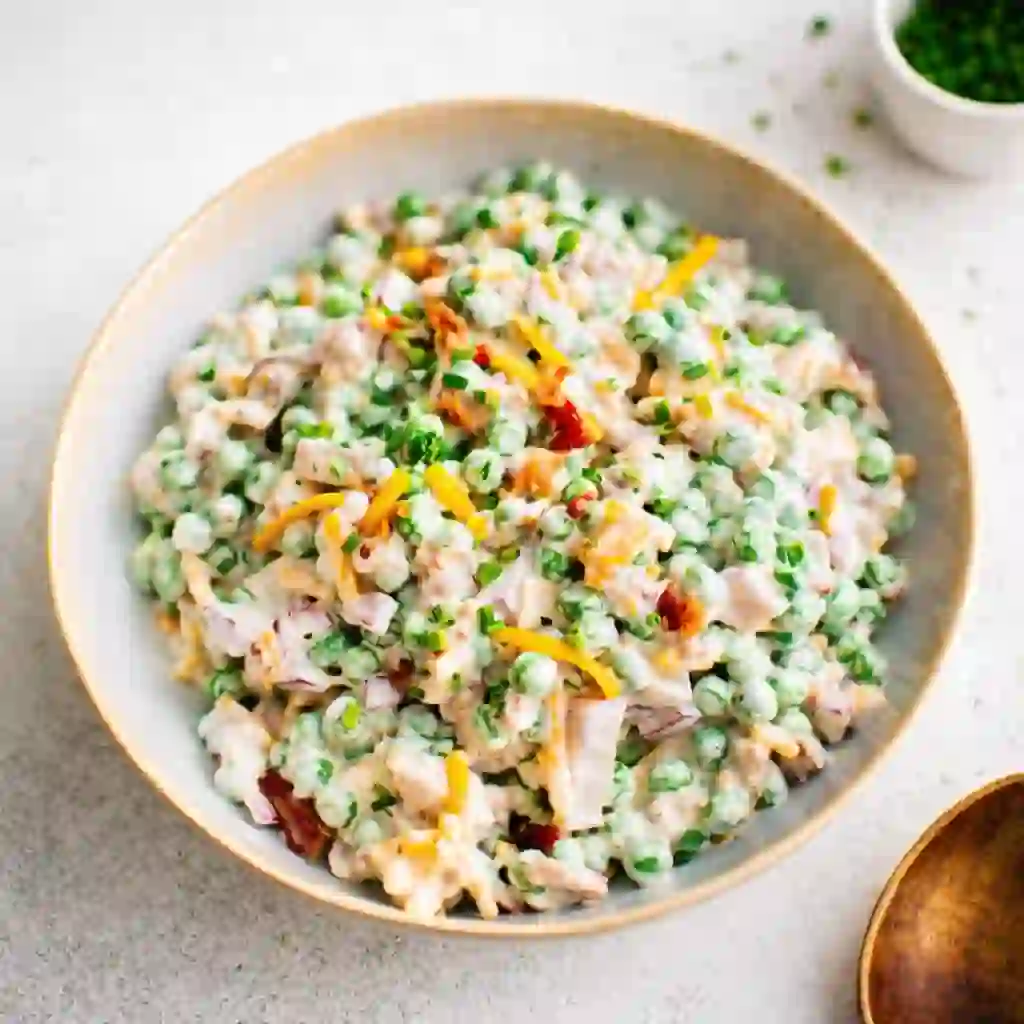 Old fashioned pea salad with mayonnaise served in a bowl on a light table background