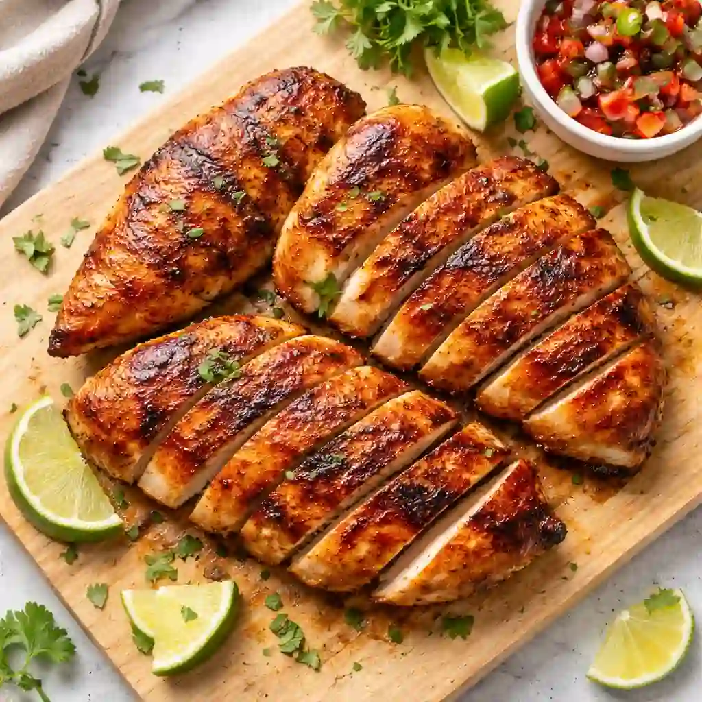 sliced-stovetop-grilled-chicken-serving-board. Sliced stovetop grilled chicken breasts with grill marks on wooden cutting board with lime wedges and fresh cilantro