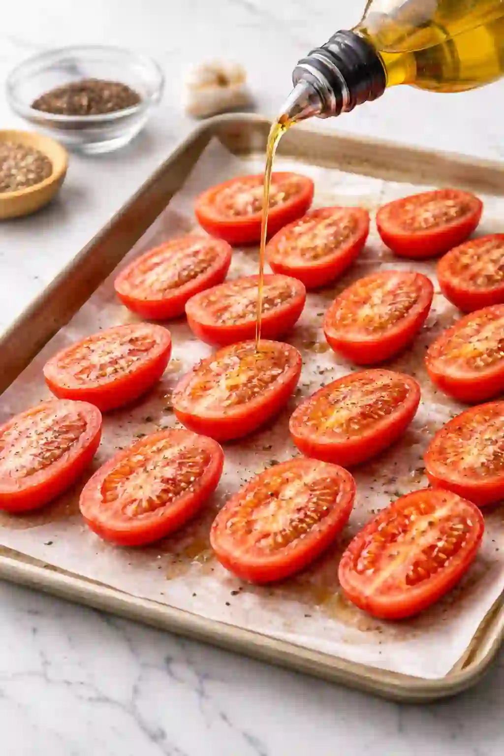 Roma tomatoes roasting on a parchment-lined baking sheet at 350°F with olive oil, salt, and pepper