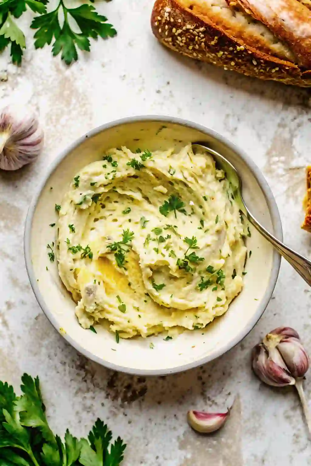 step-2-make-garlic-butter._compressed (1) Creamy garlic butter mixed with fresh parsley in a bowl on a white surface