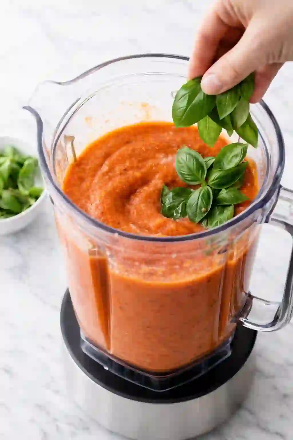 Blending roasted tomato soup until smooth with fresh basil added