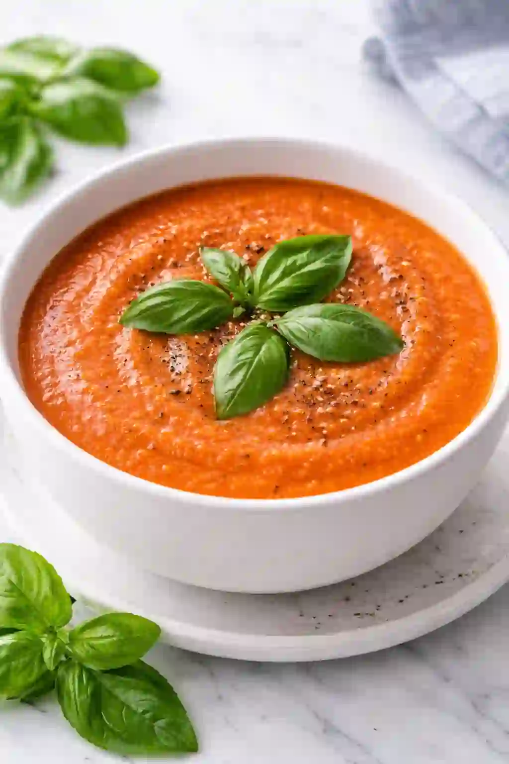 Bowl of tomato basil soup garnished with fresh basil leaves and ready to serve