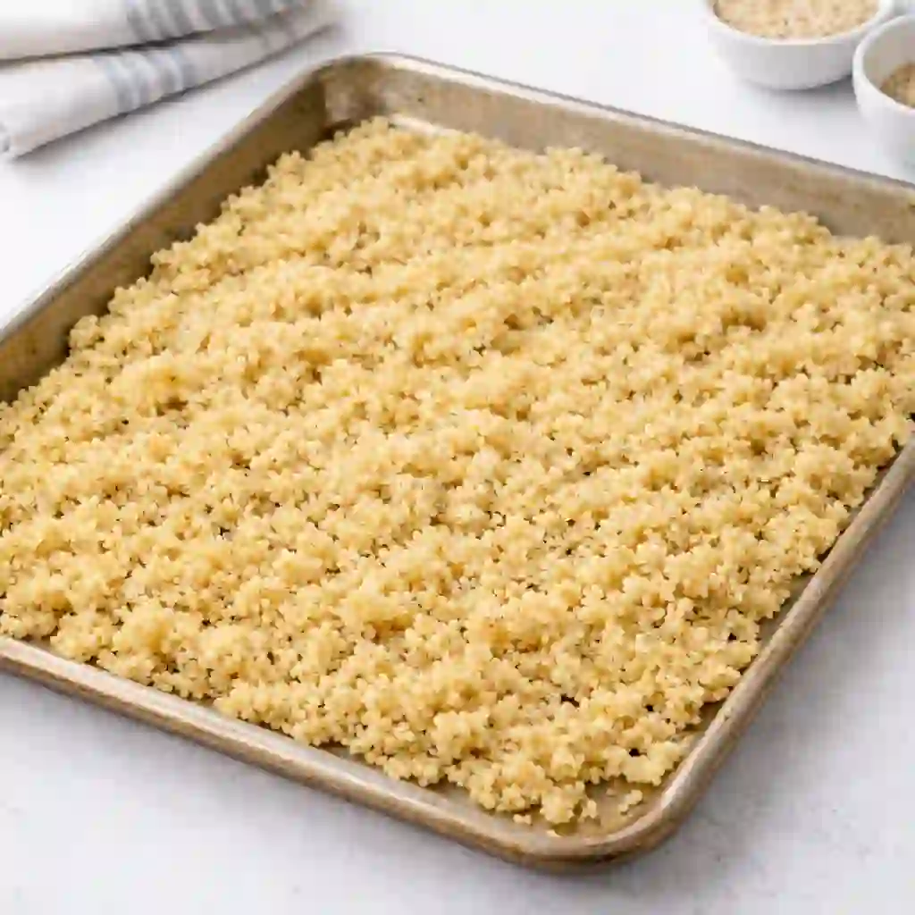 Cooked quinoa cooling on a baking sheet for salad preparation