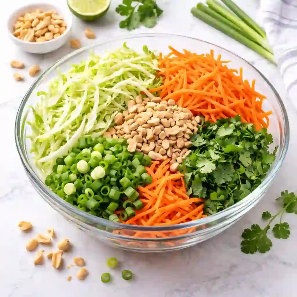 Bowl filled with shredded cabbage, carrots, scallions, cilantro, and chopped peanuts for salad