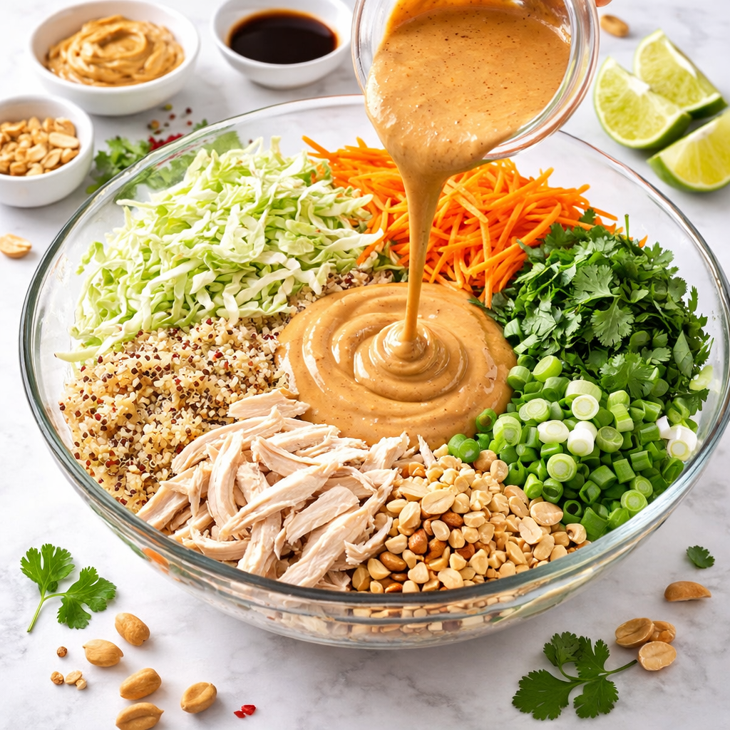 Creamy peanut dressing being poured over quinoa salad ingredients in a glass bowl