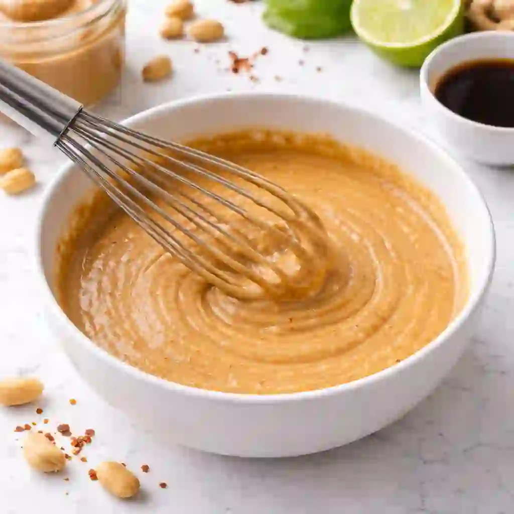 Creamy peanut salad dressing being whisked in a bowl