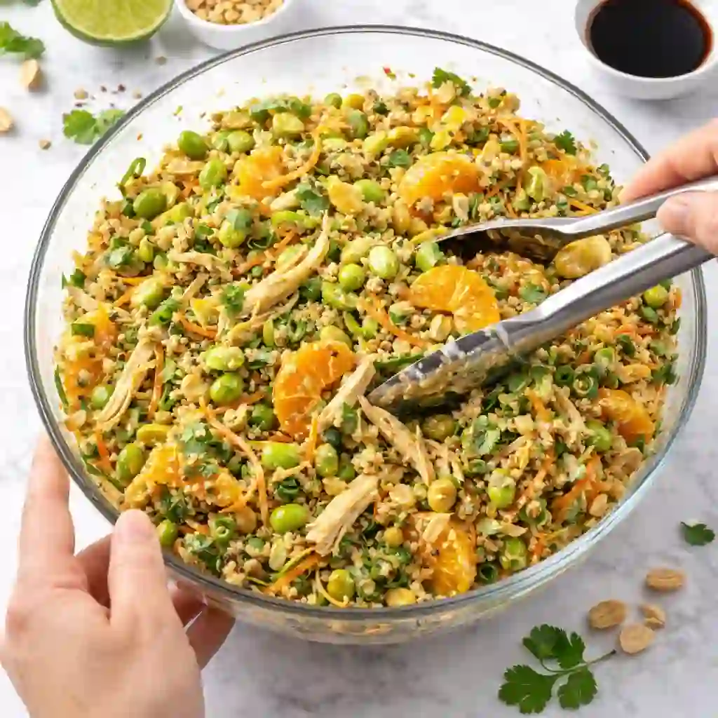 Thai peanut quinoa salad with chicken being tossed in a glass bowl