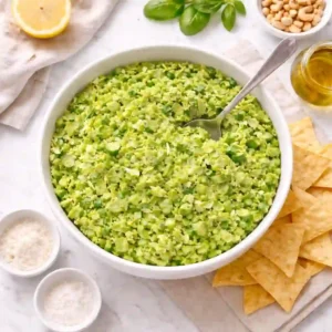 Overhead view of creamy TikTok green goddess salad in a white bowl with tortilla chips and a beige linen napkin on a marble table.