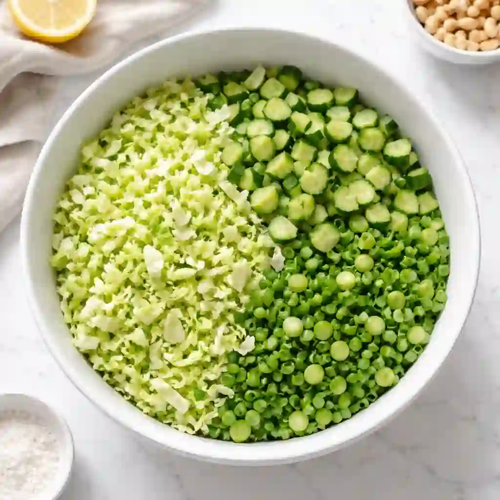 Chopped green cabbage, cucumbers, and green onions in a large white bowl on a white table background.