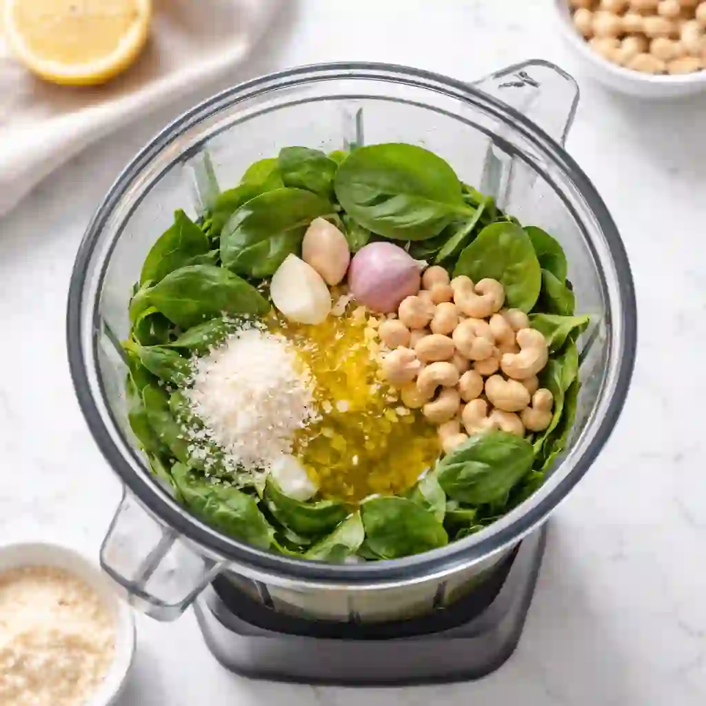 Blender filled with spinach, basil, cashews, parmesan, and lemon juice on a white table background before blending.