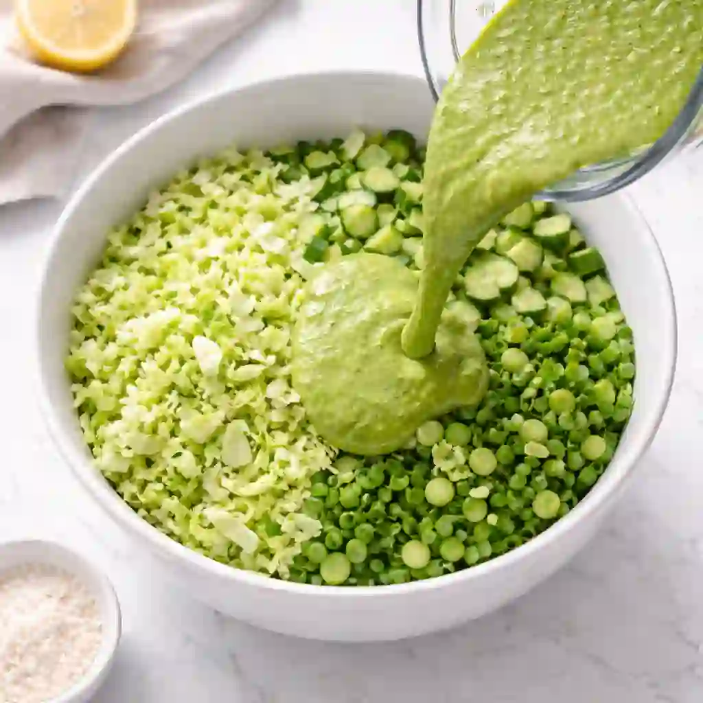 Creamy green goddess dressing being poured over chopped cabbage and cucumbers in a white bowl.