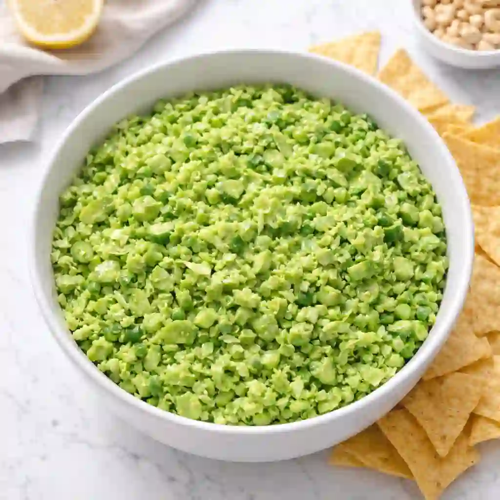 Creamy green goddess cabbage salad served in a white bowl with tortilla chips on a white table background.