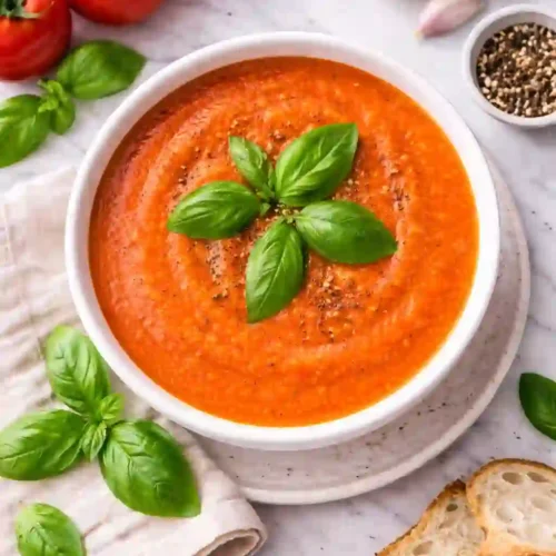Overhead view of tomato basil soup with fresh tomatoes garnished with basil leaves