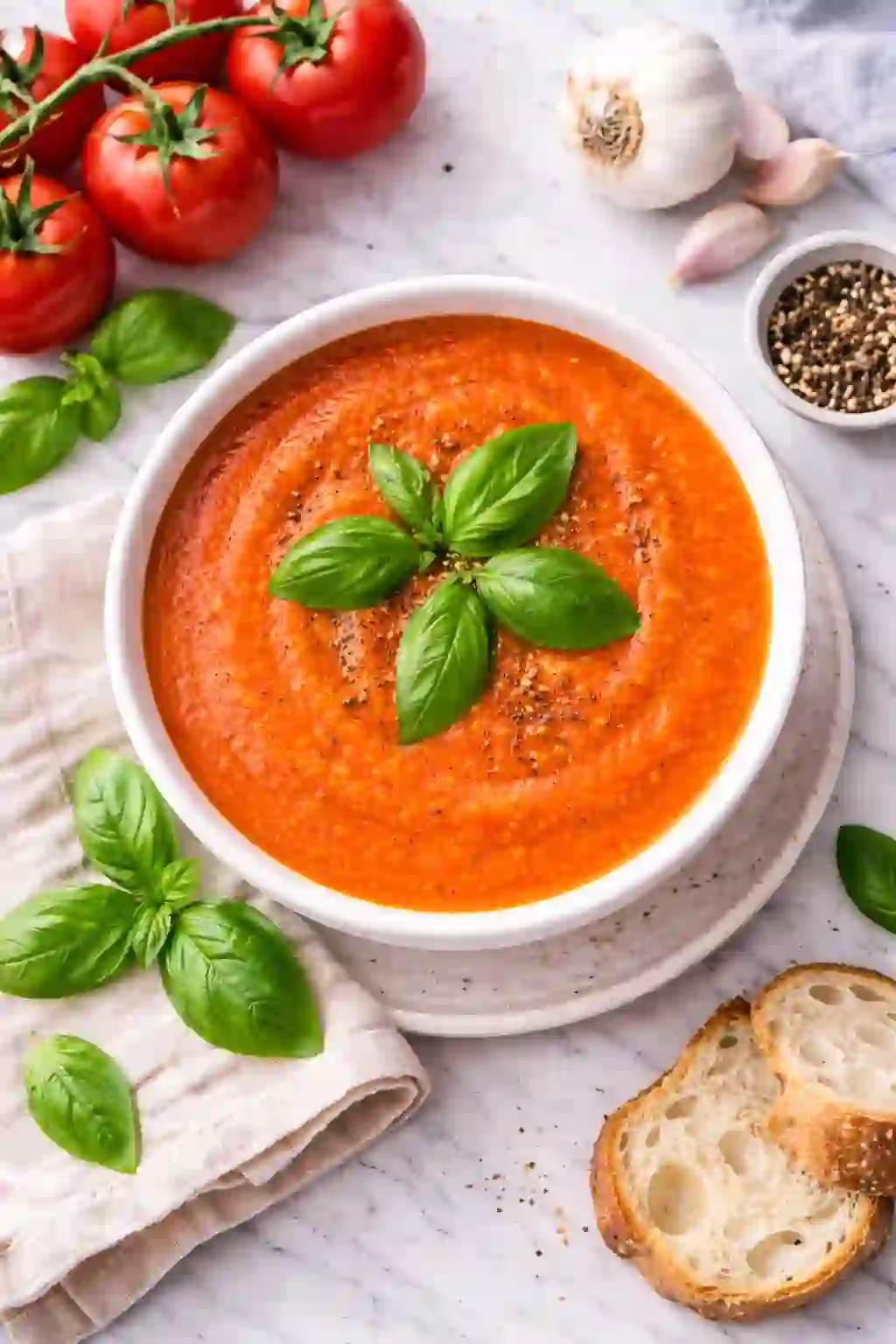 Overhead view of tomato basil soup with fresh tomatoes garnished with basil leaves