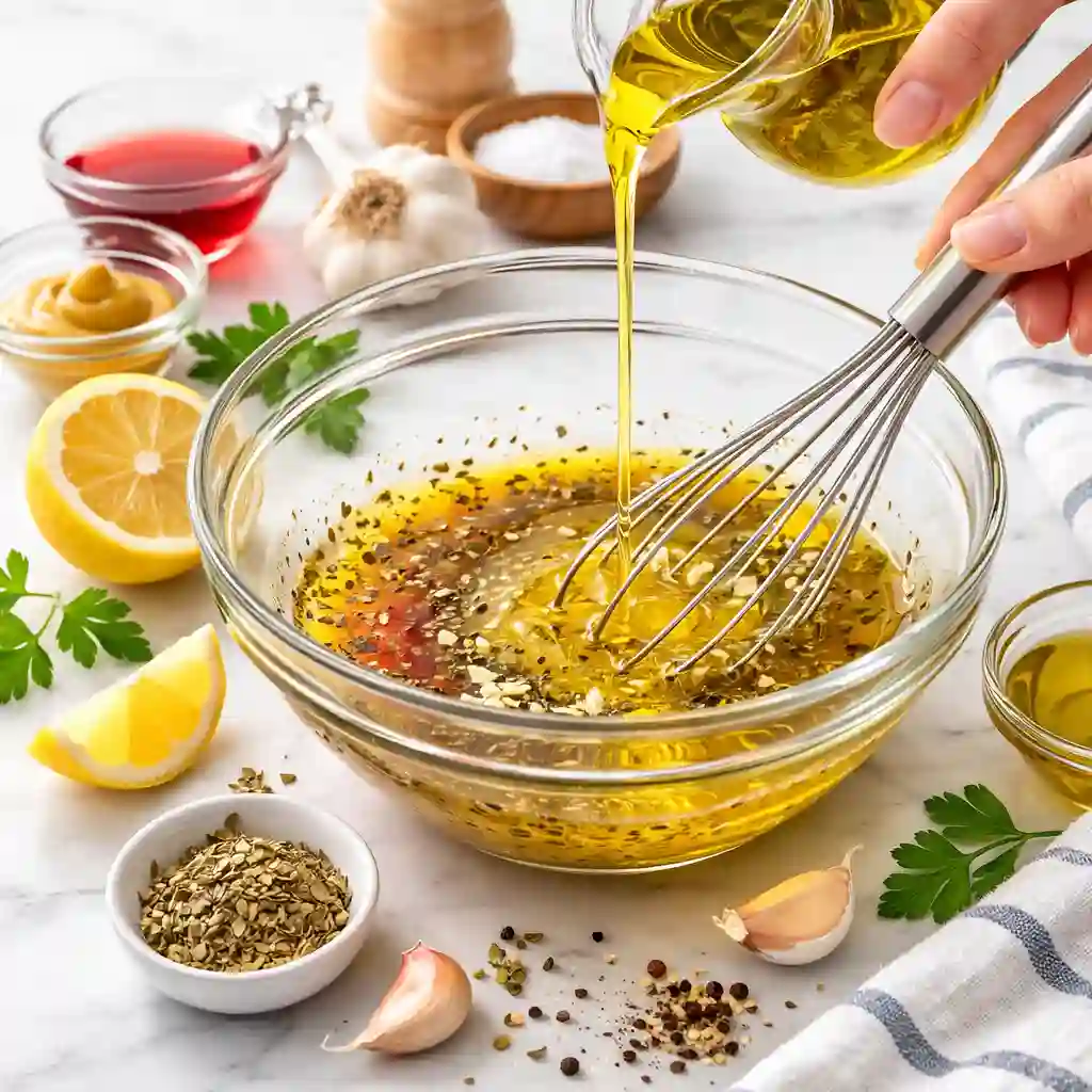 Whisking homemade Greek salad dressing in a bowl on a white table