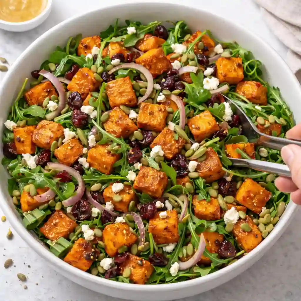 Roasted sweet potato salad being tossed with arugula, cranberries, pepitas, and feta in a large bowl