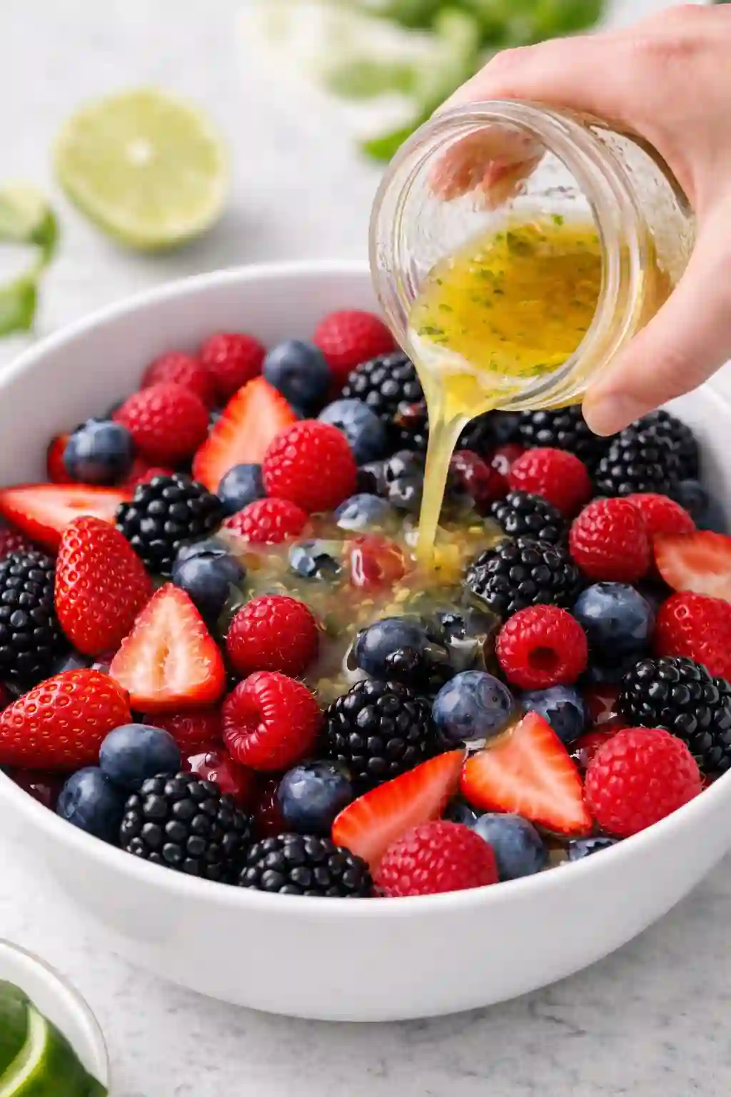 berry-fruit-salad-recipe-step-3-pour-dressing._compressed Berry fruit salad recipe step 3 pouring citrus honey dressing over fresh mixed berries