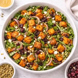 Bright roasted sweet potato salad with arugula, cranberries, pepitas, and feta in a white bowl