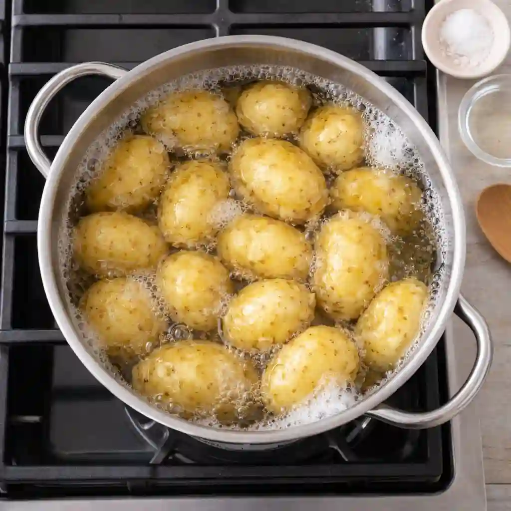 boiling-potatoes-on-stovetop._compressed (1) Overhead view of Yukon Gold potatoes boiling in a pot on a stovetop for potato salad with egg.