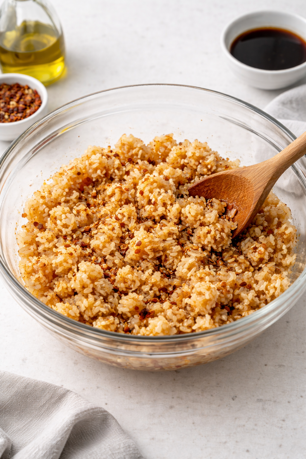 Mixing jasmine rice with sesame oil, soy sauce, and chili crisp in a glass bowl on a white table background