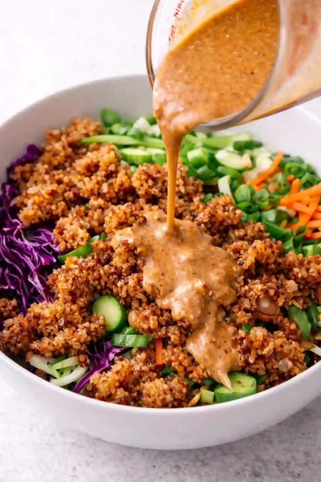 Pouring creamy peanut dressing over crispy rice and fresh vegetables in a white bowl