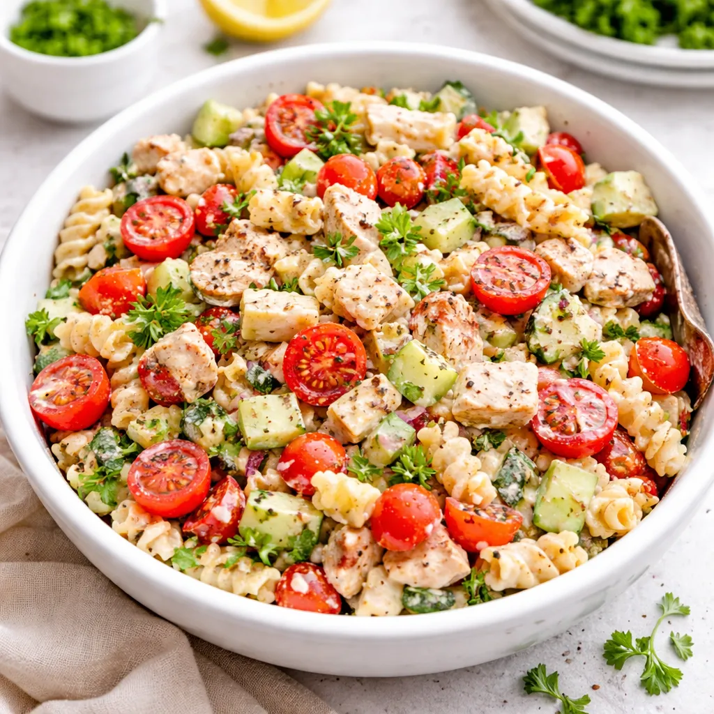 Creamy chicken pasta salad recipe in a white bowl with fresh vegetables and herbs