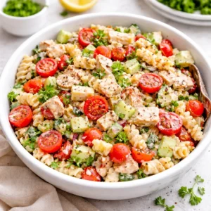 Creamy chicken pasta salad recipe in a white bowl with fresh vegetables and herbs