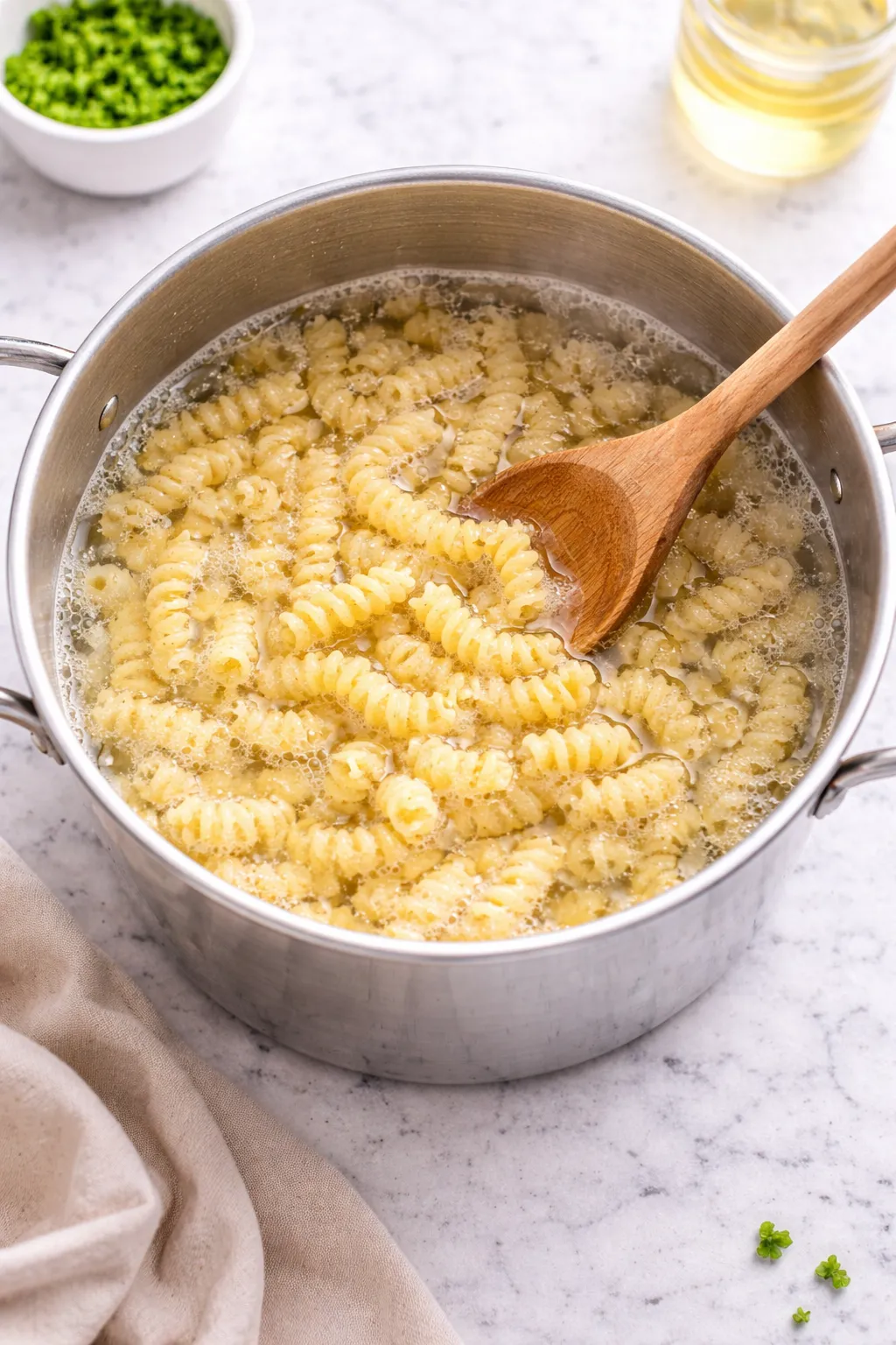 Boiling rotini pasta in a pot for chicken pasta salad recipe step 1