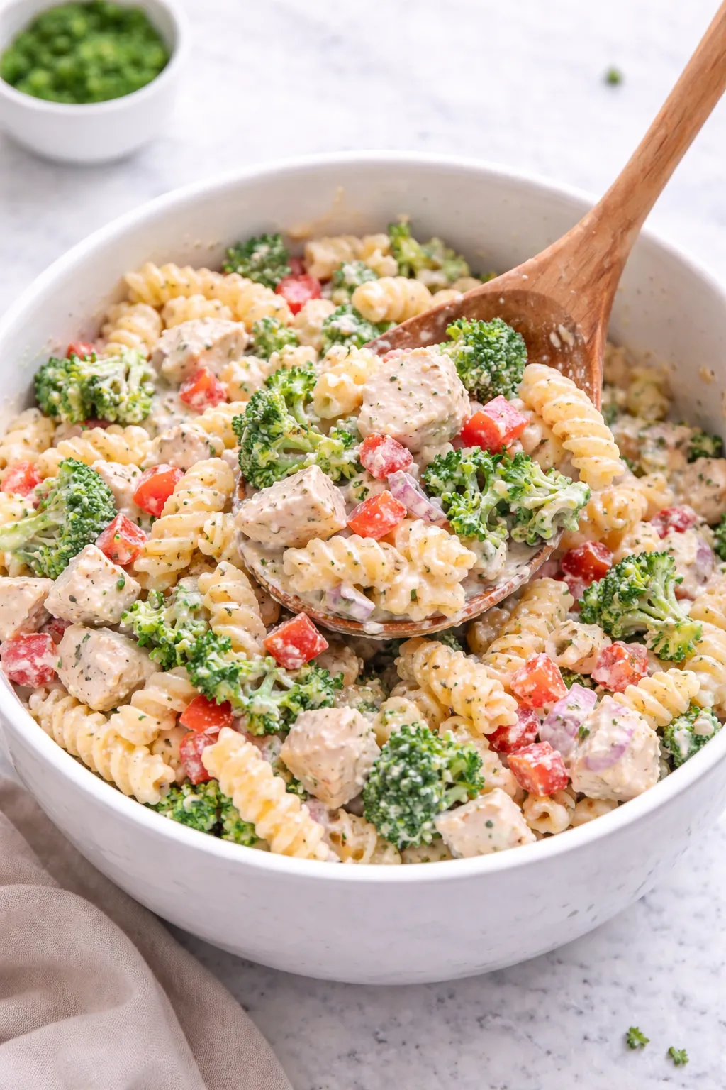 Tossing chicken pasta salad with creamy dressing in a white bowl step 4