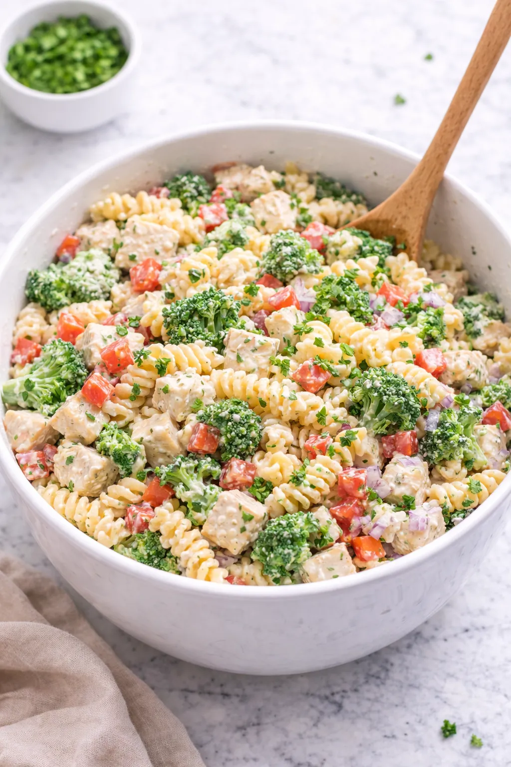 Chicken pasta salad ready to serve in a white bowl with fresh herbs step 5